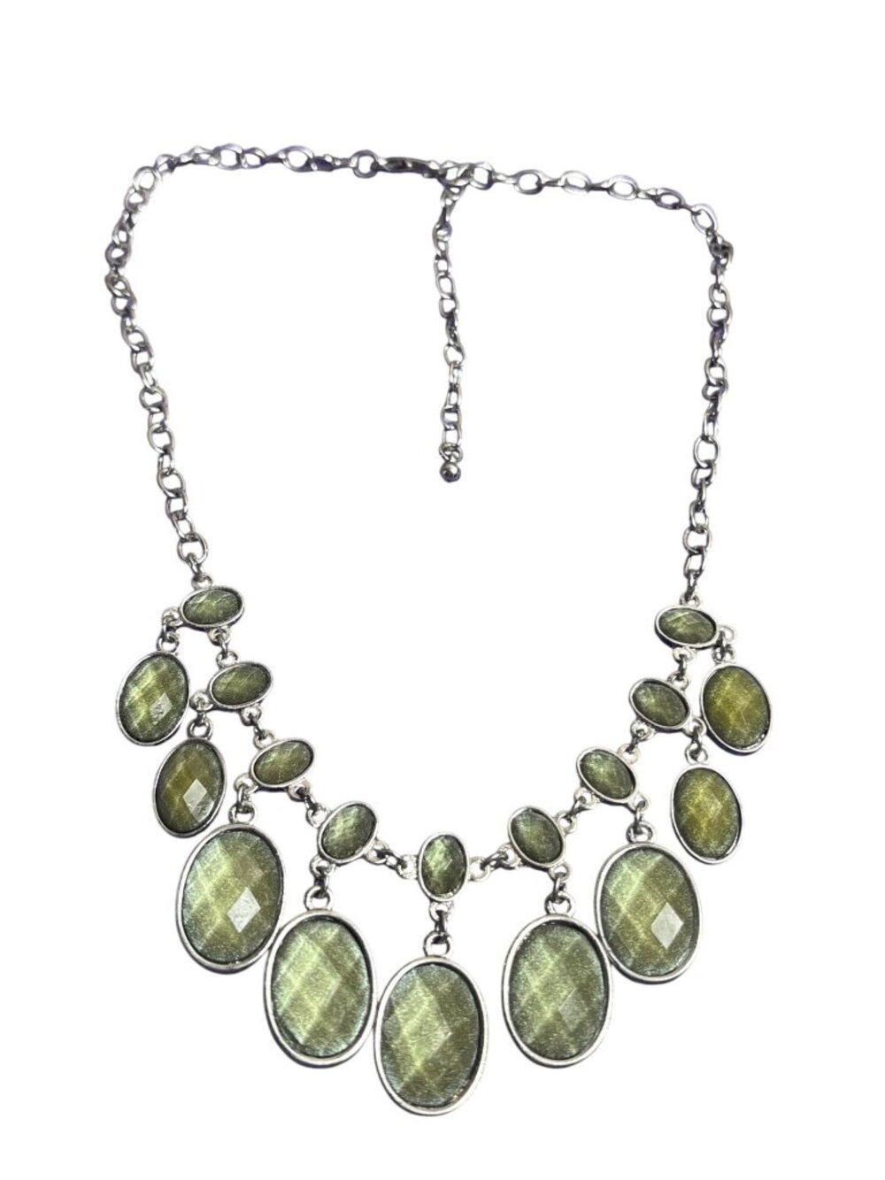 Vintage Faceted Green Rhinestone Bib Necklace Silvertone Lobster Clasp 16-19 in